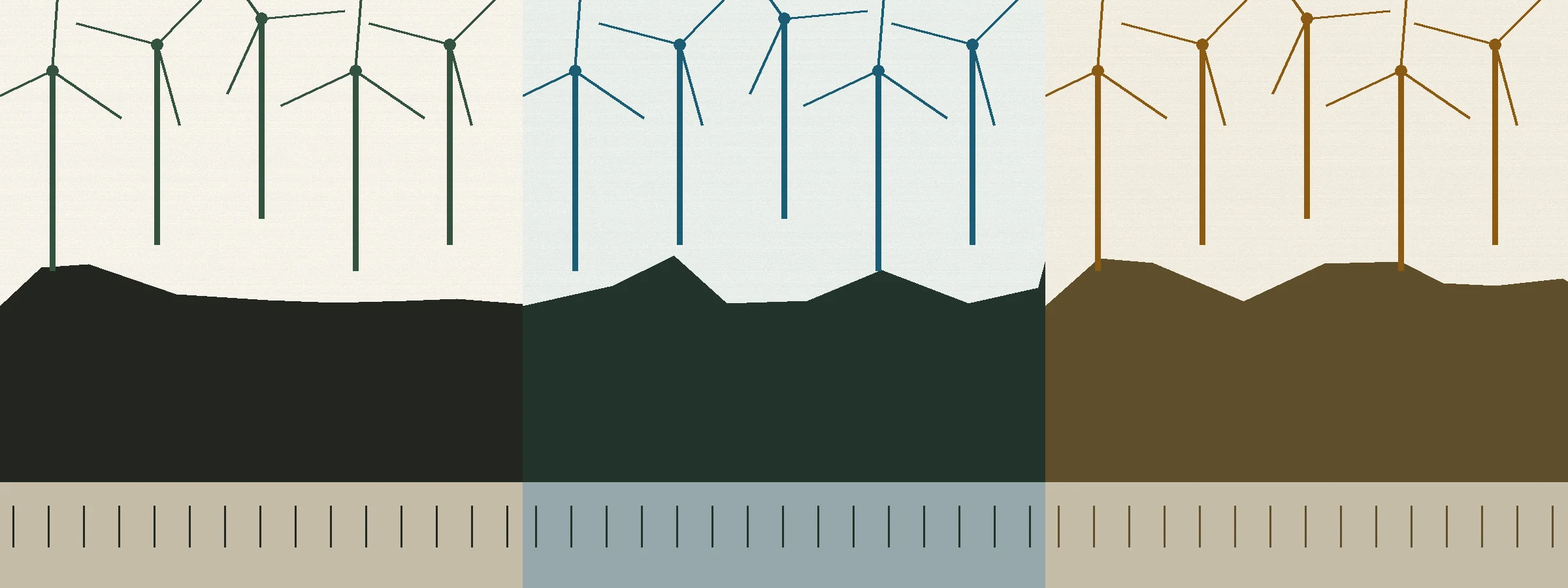 Three-panel illustration of a turbine ridgeline motif repeated in pine, Niagara blue, and hay hues