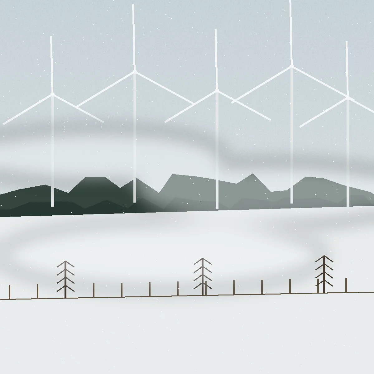 White wind turbines along a snowy ridgeline with bare maples and drifting snow squalls
